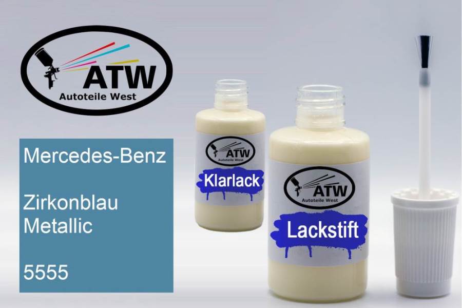 Mercedes-Benz, Zirkonblau Metallic, 5555: 20ml Lackstift + 20ml Klarlack - Set, von ATW Autoteile West.